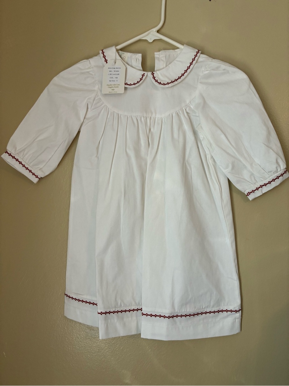 White Girls' Dress with Red Trim - Classic Smocked Style